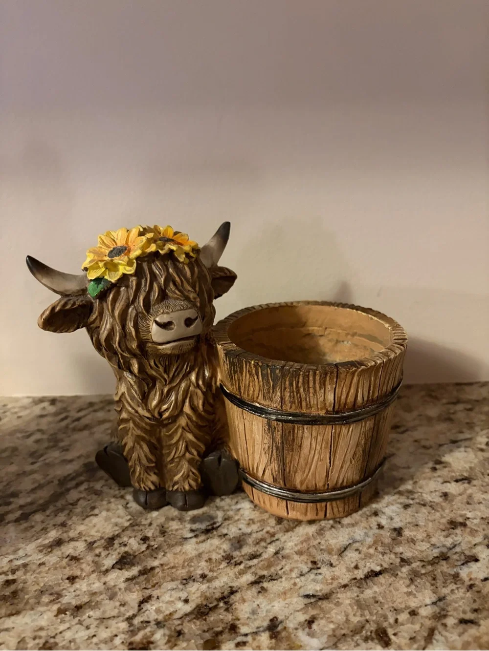 Hobby Lobby Brown Highland Cow Planter with Yellow Sunflowers approx 5 1/2”